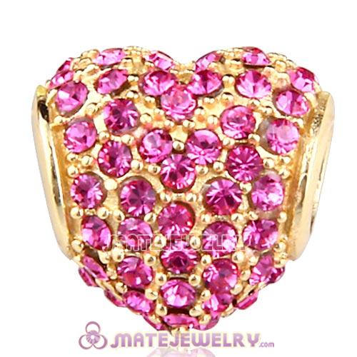Gold Plated Sterling Pave Heart with Rose Austrian Crystal Charm