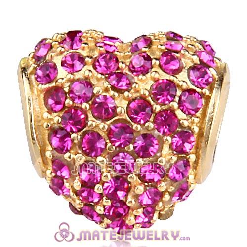 Gold Plated Sterling Pave Heart with Fuchsia Austrian Crystal Charm