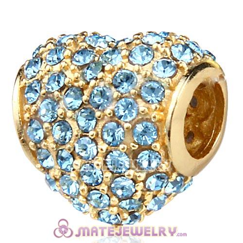 Gold Plated Sterling Pave Heart with Aquamarine Austrian Crystal Charm
