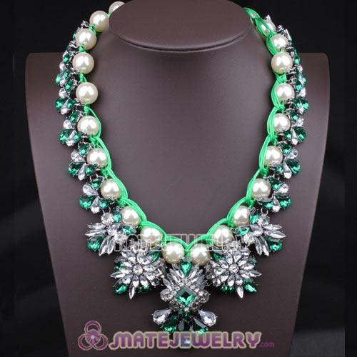 Knitted Pearl Green Resin Crystal Flower Statement Necklace