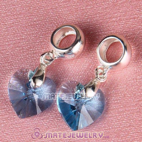 Sterling Silver Dangle Austrian Crystal Aquamarine Heart Charm European Style