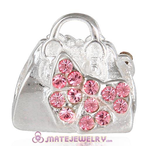 Sterling Silver Loves Shopping Bag Beads with Light Rose Austrian Crystal