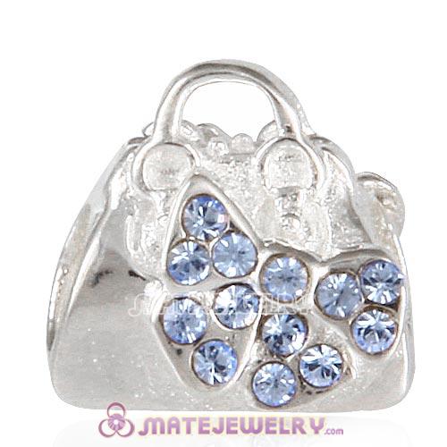 Sterling Silver Loves Shopping Bag Beads with Aquamarine Austrian Crystal