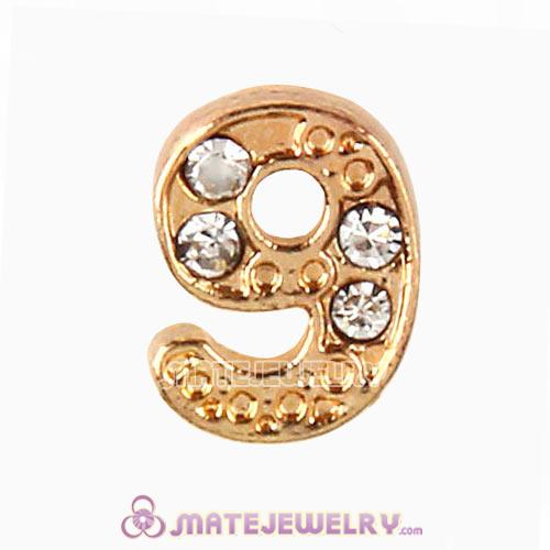 Gold Plated Alloy Number 9 with Crystal Floating Locket Charms