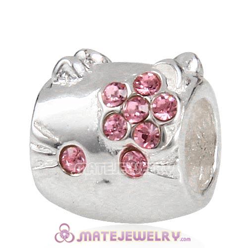 Sterling Silver European Style KT Cat Beads with Light Rose Austrian Crystal