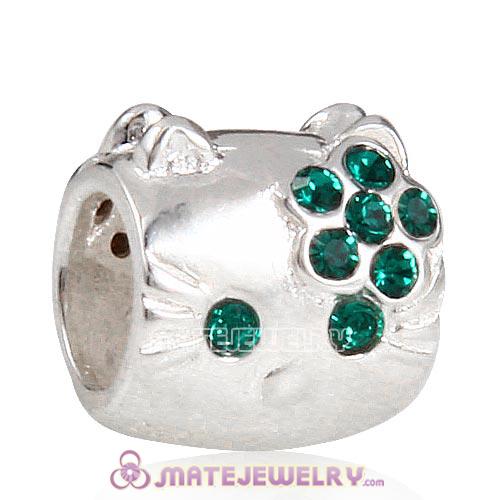 Sterling Silver European Style KT Cat Beads with Emerald Austrian Crystal