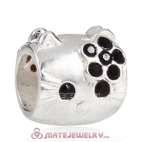 Sterling Silver European Style KT Cat Beads with Jet Austrian Crystal
