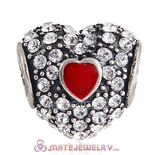 European Sterling Silver Pave Enamel Heart With Clear Austrian Crystal Charm