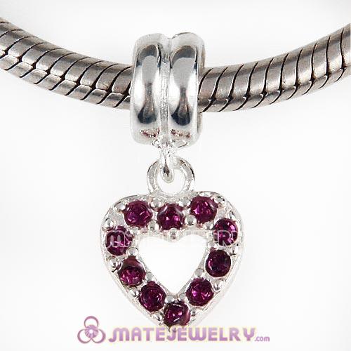 Sterling Silver Heart Dangle Charms with Amethyst Austrian Crystal