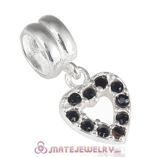 Sterling Silver Heart Dangle Charms with Jet Austrian Crystal