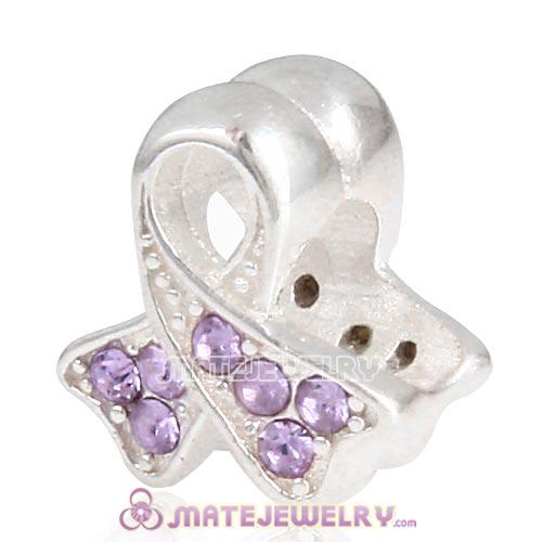 Sterling Silver Ribbon Lung Cancer Beads with Violet Austrian Crystal European Style