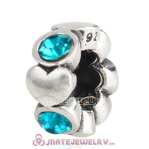 925 Sterling Silver Heart Spacer Beads with Blue Zircon Austrian Crystal
