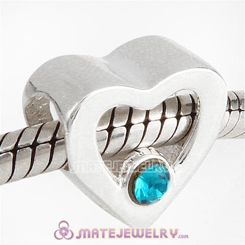 Sterling Silver European Heart Beads with Blue Zircon Austrian Crystal