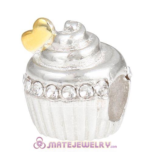 Sterling Silver Golden Heart Cupcake Beads with Clear Austrian Crystal European Style
