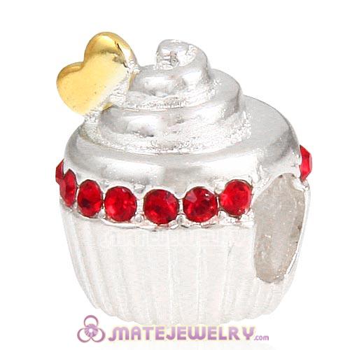 Sterling Silver Golden Heart Cupcake Beads with Light Siam Austrian Crystal European Style