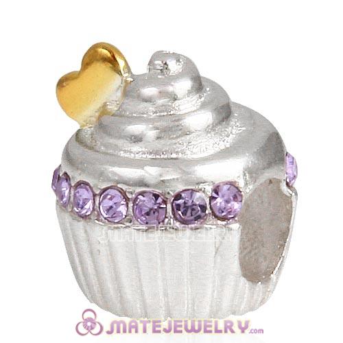 Sterling Silver Golden Heart Cupcake Beads with Violet Austrian Crystal European Style