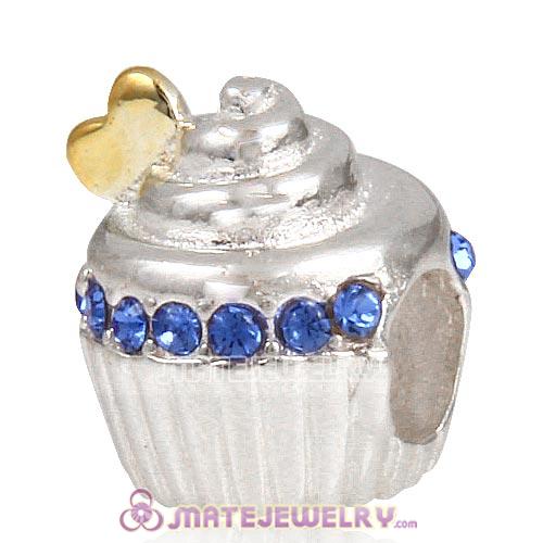 Sterling Silver Golden Heart Cupcake Beads with Sapphire Austrian Crystal European Style