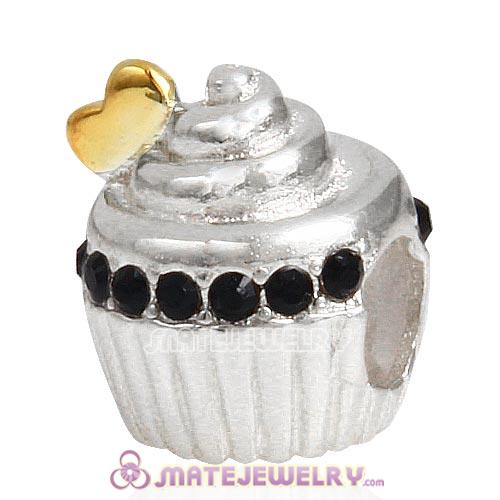 Sterling Silver Golden Heart Cupcake Beads with Jet Austrian Crystal European Style