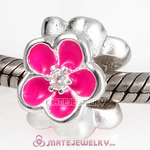 925 Sterling Rose Enamel European Poppy Charm Beads With CZ Stones 