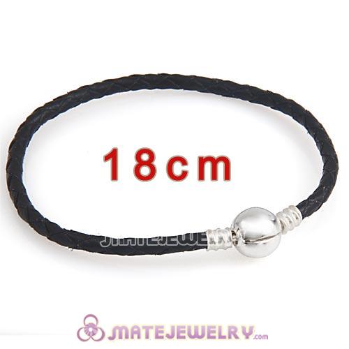 18cm Black Braided Leather Bracelet with Silver Round Clip fit European Beads
