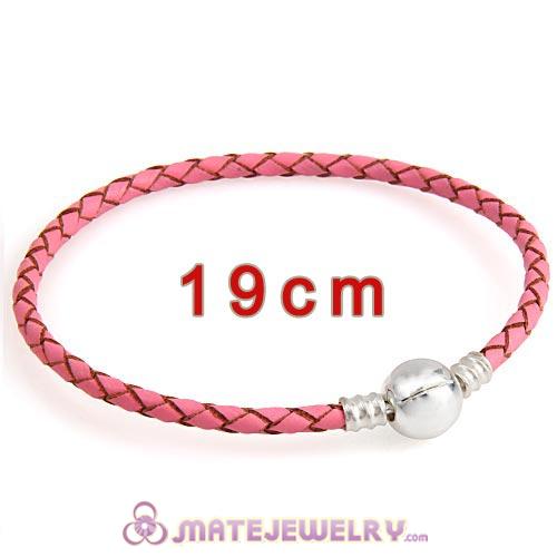 19cm Pink Braided Leather Bracelet with Silver Round Clip fit European Beads