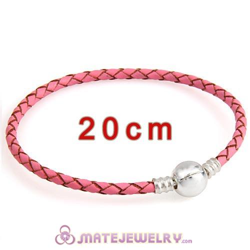 20cm Pink Braided Leather Bracelet with Silver Round Clip fit European Beads