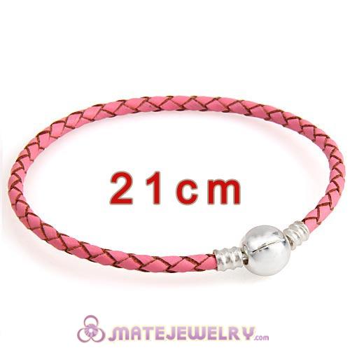 21cm Pink Braided Leather Bracelet with Silver Round Clip fit European Beads