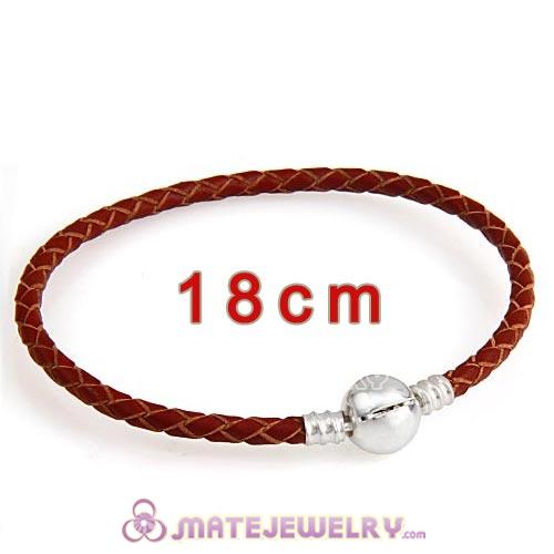 18cm Brown Braided Leather Bracelet with Silver Round Clip fit European Beads