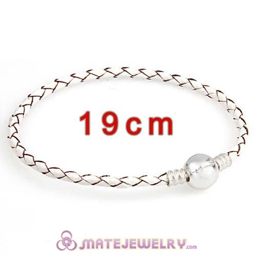 19cm White Braided Leather Bracelet with Silver Round Clip fit European Beads