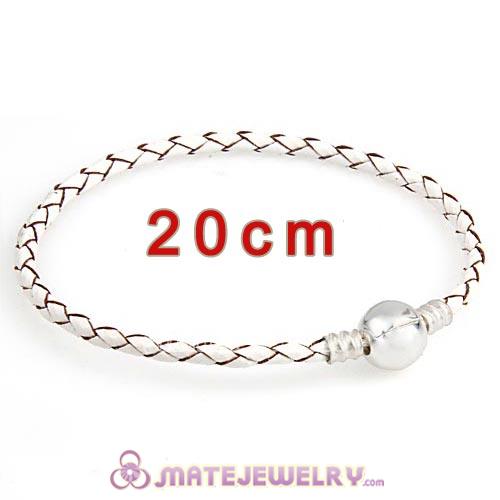 20cm White Braided Leather Bracelet with Silver Round Clip fit European Beads