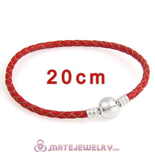 20cm Red Braided Leather Bracelet with Silver Round Clip fit European Beads
