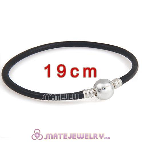 19cm Black Slippy Leather Bracelet with Silver Round Clip fit European Beads