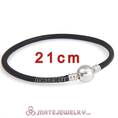 21cm Black Slippy Leather Bracelet with Silver Round Clip fit European Beads