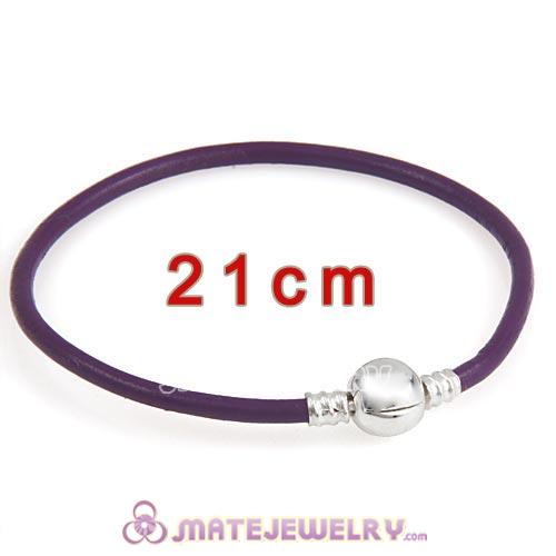21cm Purple Slippy Leather Bracelet with Silver Round Clip fit European Beads