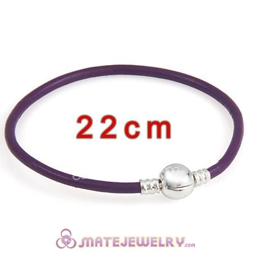 22cm Purple Slippy Leather Bracelet with Silver Round Clip fit European Beads
