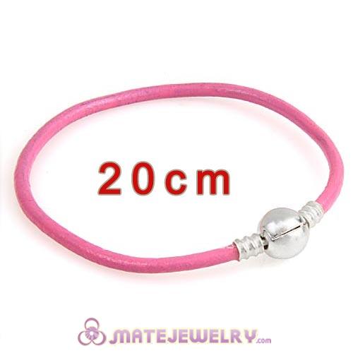 20cm Pink Slippy Leather Bracelet with Silver Round Clip fit European Beads