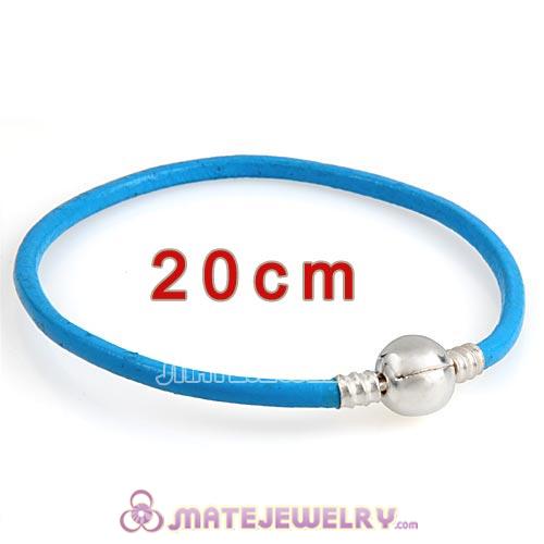 20cm Blue Slippy Leather Bracelet with Silver Round Clip fit European Beads