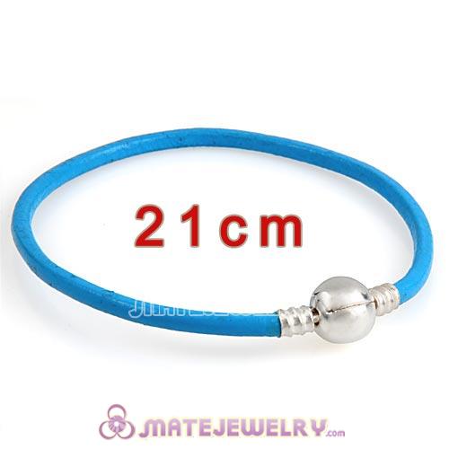 21cm Blue Slippy Leather Bracelet with Silver Round Clip fit European Beads
