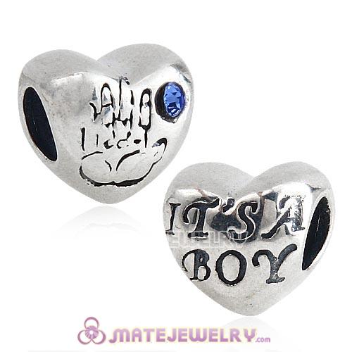 Antique Sterling Silver IT IS A BOY Heart Beads with Sapphire Austrian Crystal