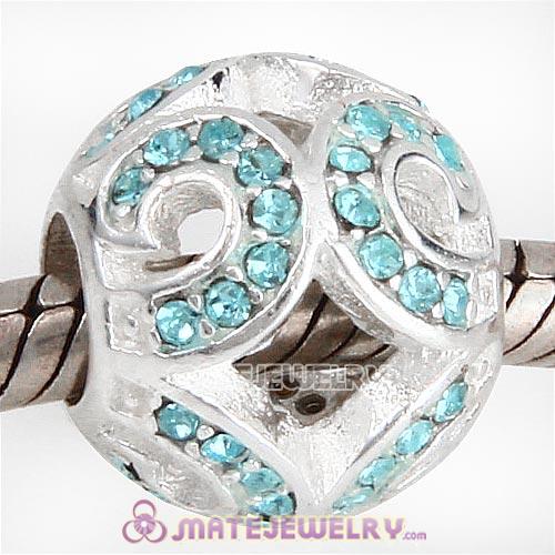 Sterling Silver Glittering Wave Beads with Aquamarine Austrian Crystal European Style