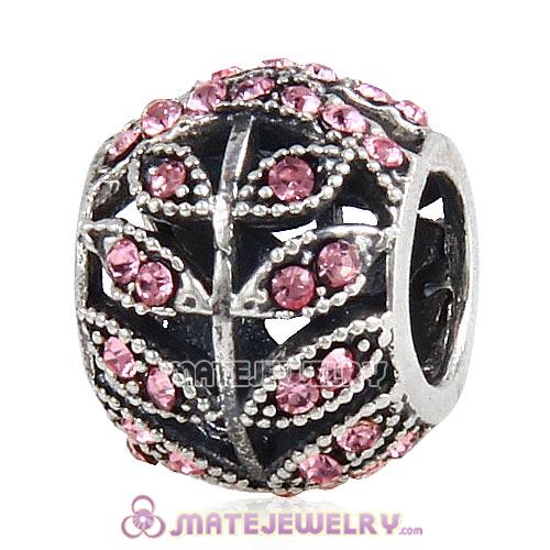 Sterling Silver Sparkling Leaves Beads with Light Rose Austrian Crystal European Style