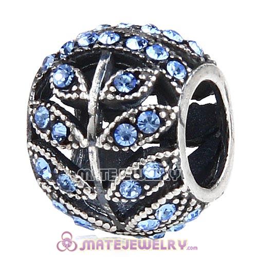 Sterling Silver Sparkling Leaves Beads with Light Sapphire Austrian Crystal European Style