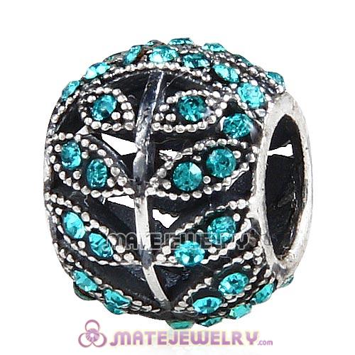 Sterling Silver Sparkling Leaves Beads with Blue Zircon Austrian Crystal European Style