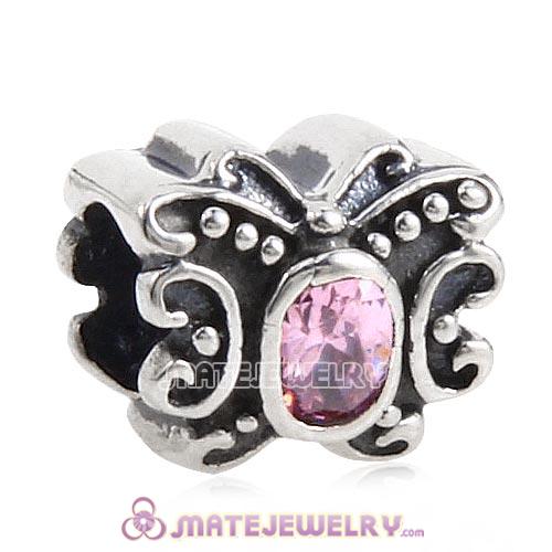 Antique Sterling Silver Butterfly Charm Beads with Pink CZ Stone