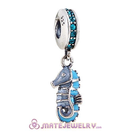 European Sterling Silver Dangle Tropical Seahorse with Blue Zircon Austrian Crystal Charm