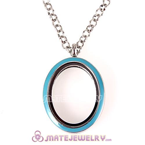 Platinum Plated Alloy Glass Floating Locket Oval Pendant Blue Face