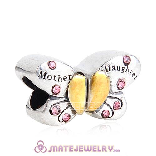 Sterling Silver Mother Daughter Butterfly Beads with Light Rose Austrian Crystal