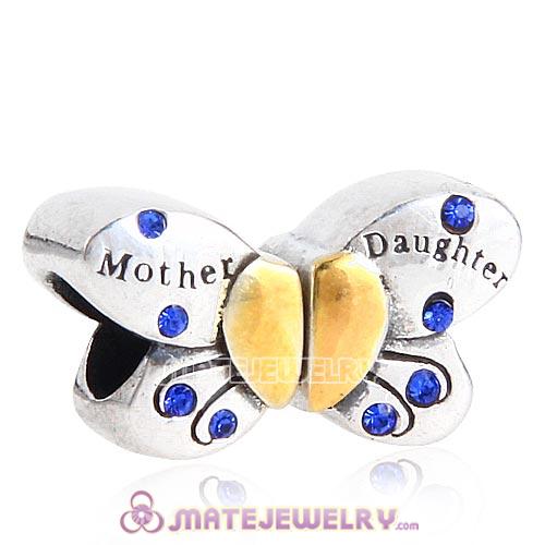 Sterling Silver Mother Daughter Butterfly Beads with Sapphire Austrian Crystal