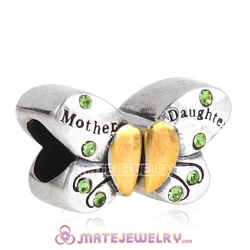 Sterling Silver Mother Daughter Butterfly Beads with Peridot Austrian Crystal