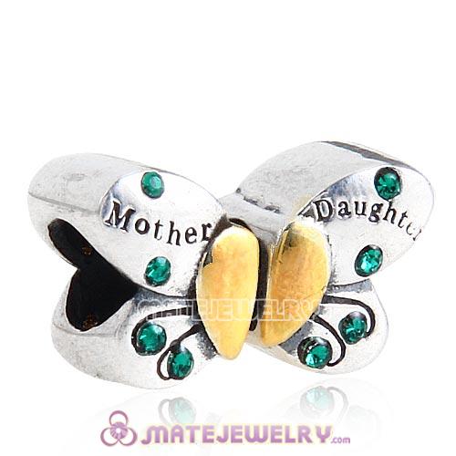 Sterling Silver Mother Daughter Butterfly Beads with Emerald Austrian Crystal